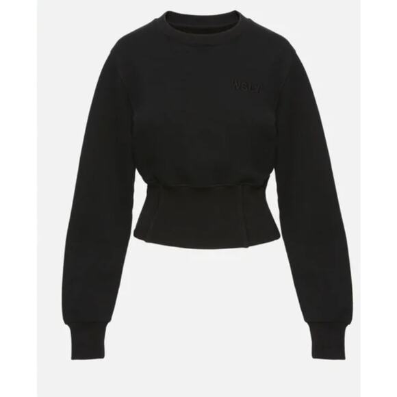 WSLY Eco Fleece Ribbed Bodice Crew Neck Sweatshirt Medium Black Crop Athleisure - Picture 3 of 13
